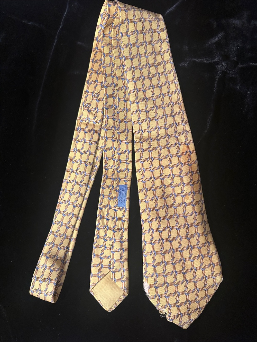 Hermes Yellow Silk Tie with Blue Geometric Motif